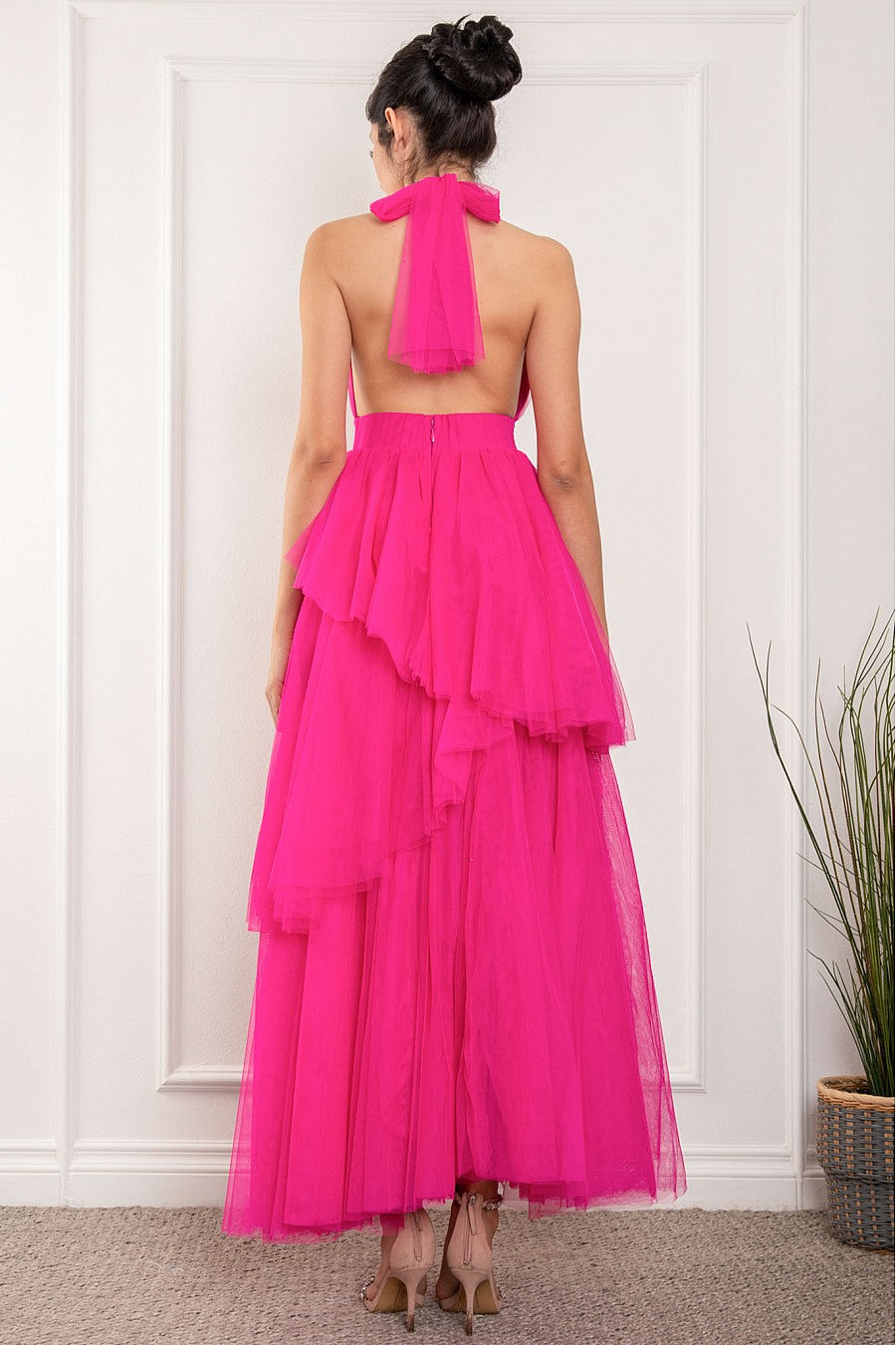 Vestido Largo Tul halter Falda Capas Fucsia