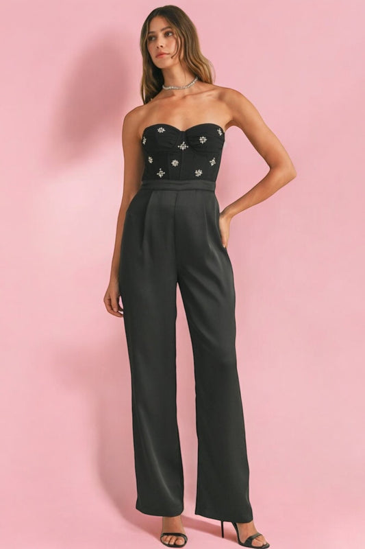 Jumpsuit Negro con Bustier pantalon satinad