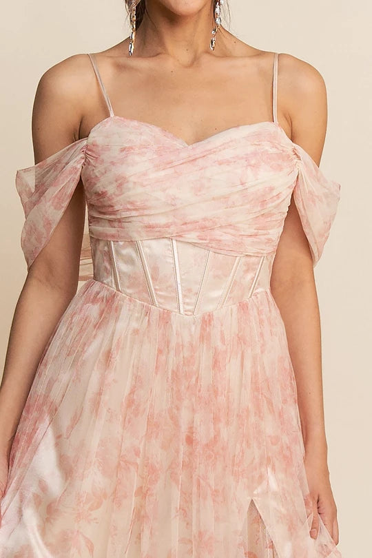 Vestido tul Manga caída print blush