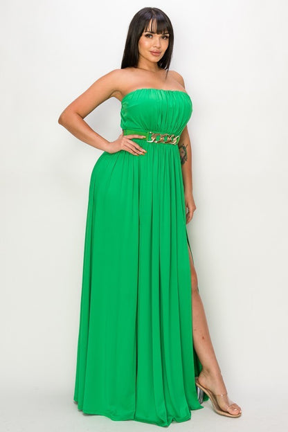 Vestido Largo Strapless con Cinturon Verde Kelly