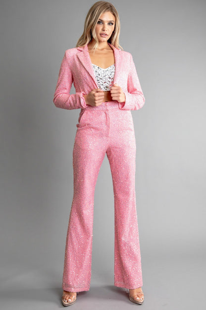 Set pantalon y blazer lentejuela rosa