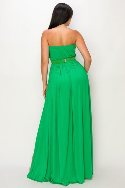 Vestido Largo Strapless con Cinturon Verde Kelly