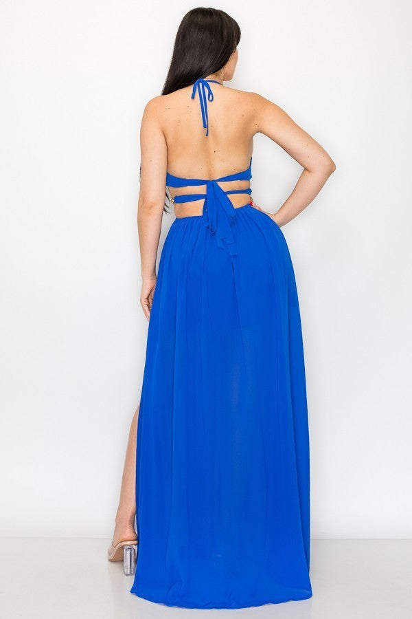 Vestido Largo cut off Azul Rey Con Cadena