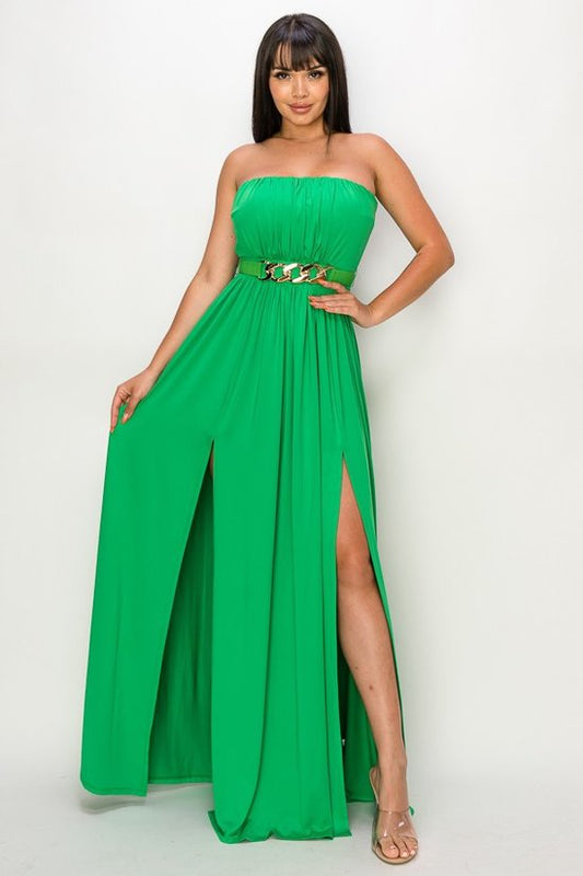 Vestido Largo Strapless con Cinturon Verde Kelly