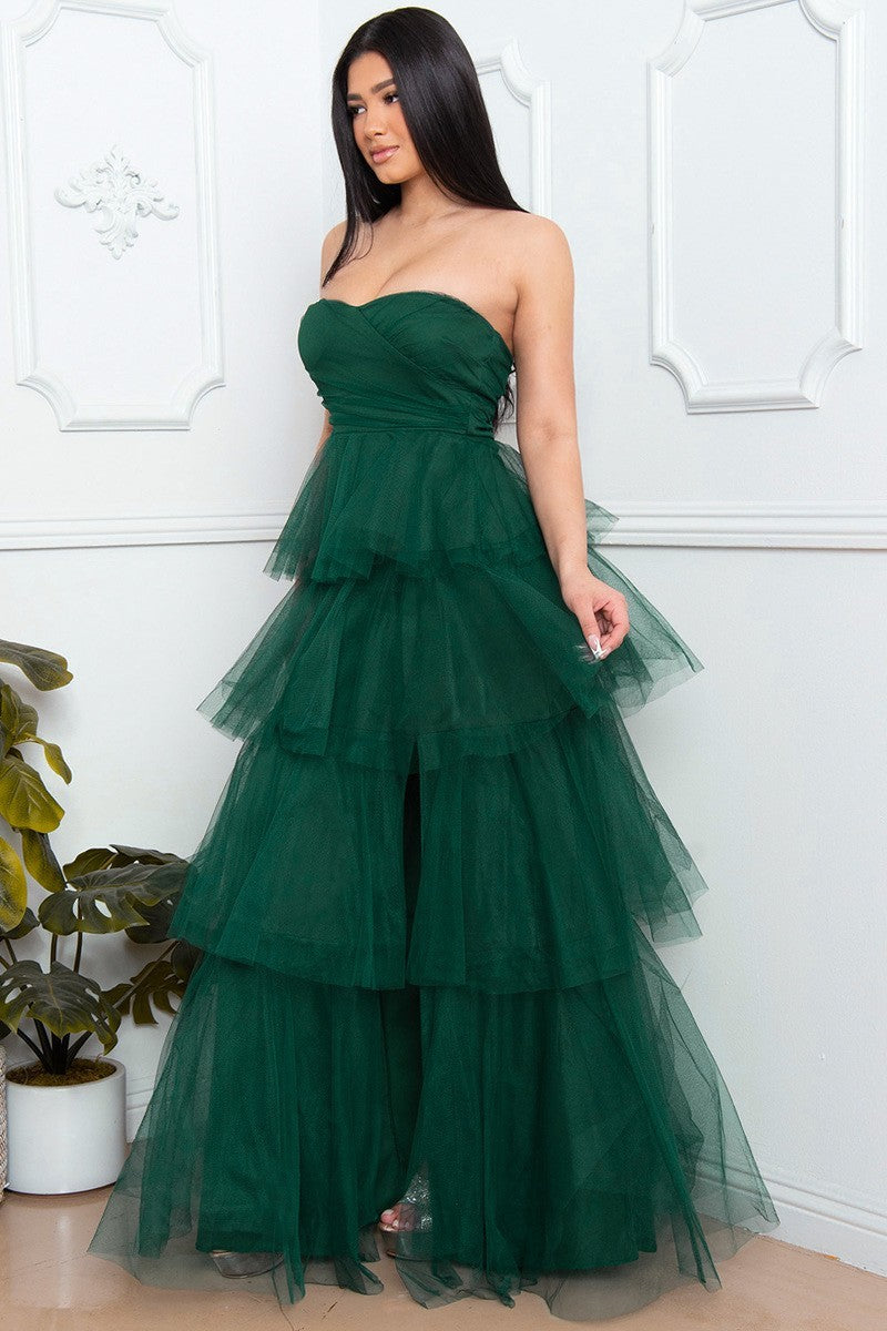 Vestido Largo Tul Falda Capas Escote Coraz n Verde Botella